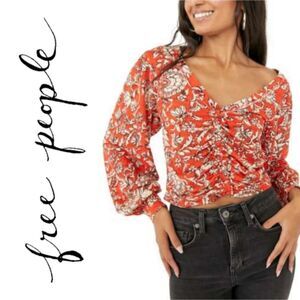 Free People Cropped Floral Print Ruched Front Blouse